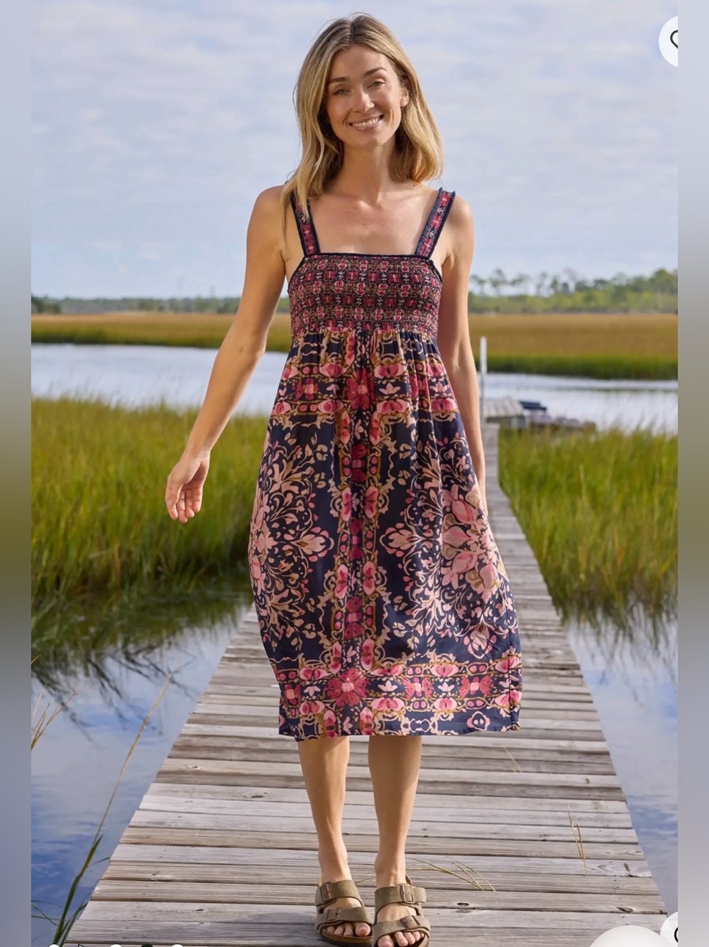 Natural Life Dress S Smocked Midi Sleeveless Boho Lightweight